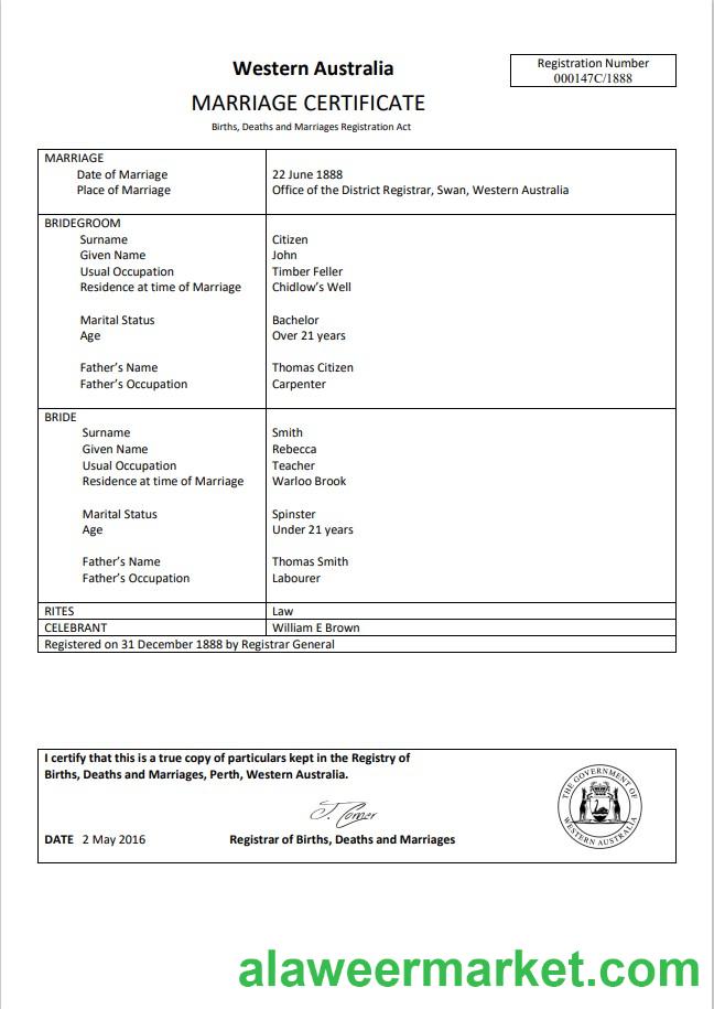 Australia Western Australia marriage certificate template in Word format
